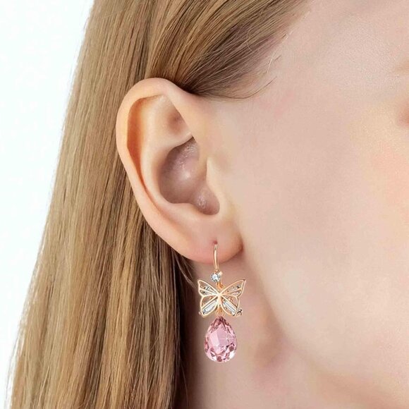 Crystal Butterfly Drop Earrings Hypoallergenic Pink Rose Gold Jewelry Women - Picture 2 of 8
